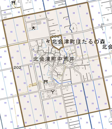 北会津町中荒井とその周辺の地図。町の範囲を重ねている
