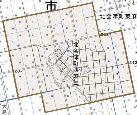北会津町西麻生とその周辺の地図。町の範囲を重ねている