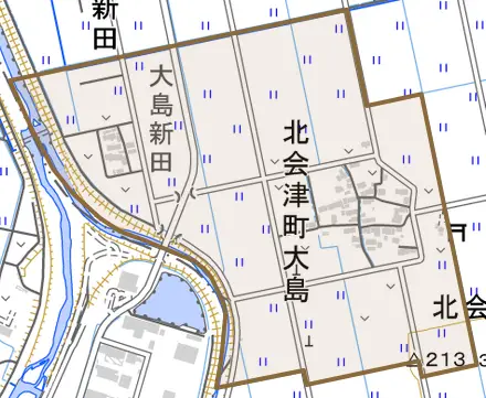 北会津町大島とその周辺の地図。町の範囲を重ねている