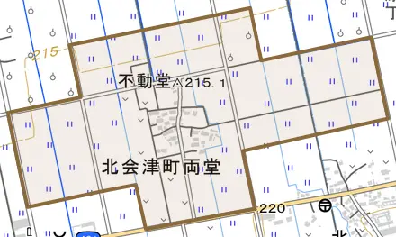 北会津町両堂とその周辺の地図。町の範囲を重ねている