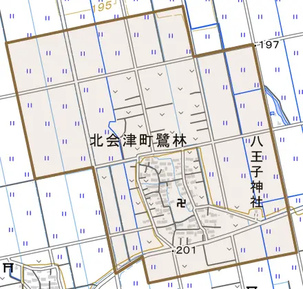 北会津町鷺林とその周辺の地図。町の範囲を重ねている