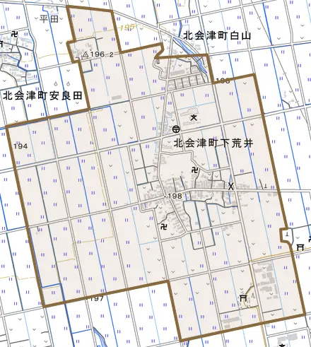 北会津町下荒井とその周辺の地図。町の範囲を重ねている