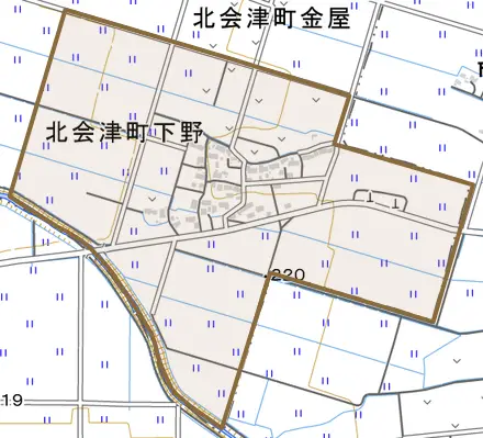 北会津町下野とその周辺の地図。町の範囲を重ねている