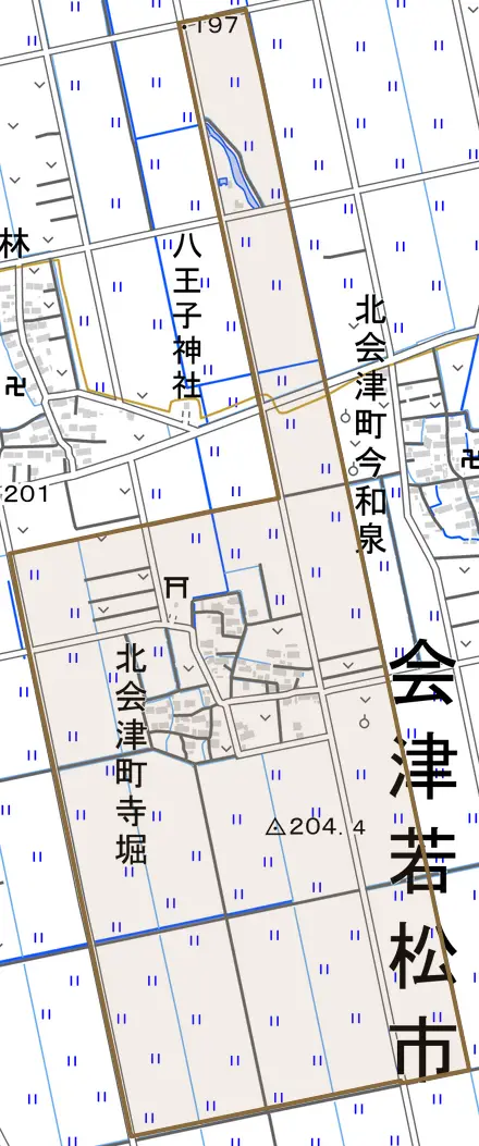 北会津町寺堀とその周辺の地図。町の範囲を重ねている