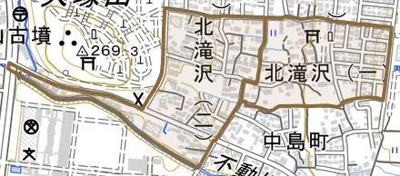 北滝沢とその周辺の地図。町の範囲を重ねている