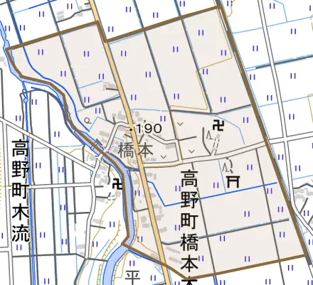 高野町橋本木流とその周辺の地図。町の範囲を重ねている