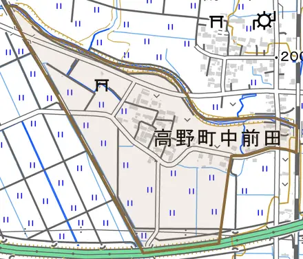 高野町中前田とその周辺の地図。町の範囲を重ねている
