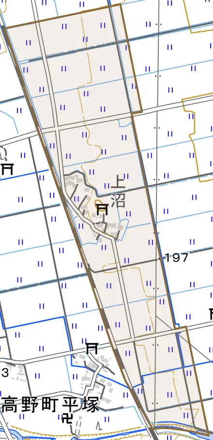 高野町上沼とその周辺の地図。町の範囲を重ねている