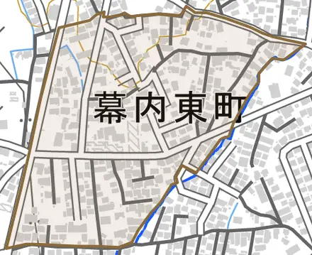 幕内東町とその周辺の地図。町の範囲を重ねている
