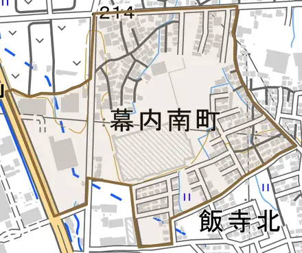 幕内南町とその周辺の地図。町の範囲を重ねている