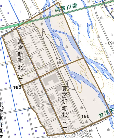 真宮新町北とその周辺の地図。町の範囲を重ねている