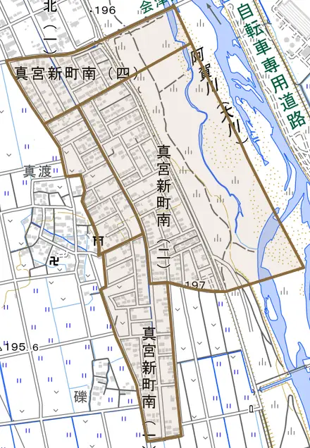 真宮新町南とその周辺の地図。町の範囲を重ねている
