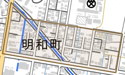 明和町とその周辺の地図。町の範囲を重ねている
