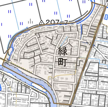 緑町とその周辺の地図。町の範囲を重ねている