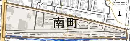 南町とその周辺の地図。町の範囲を重ねている