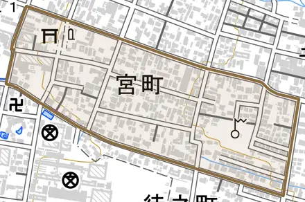 宮町とその周辺の地図。町の範囲を重ねている