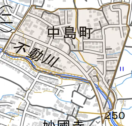 中島町とその周辺の地図。町の範囲を重ねている