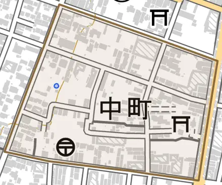 中町とその周辺の地図。町の範囲を重ねている