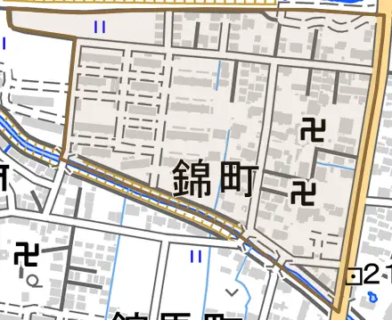 錦町とその周辺の地図。町の範囲を重ねている