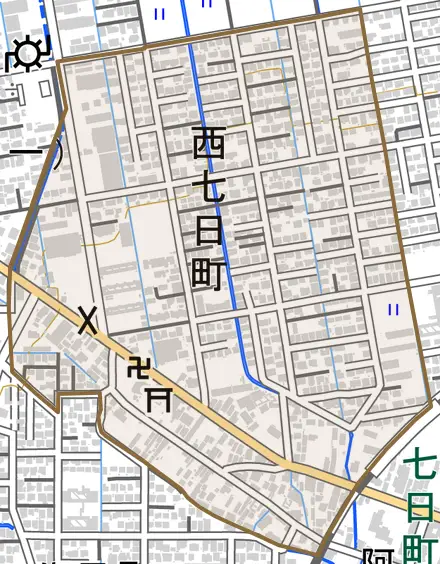 西七日町とその周辺の地図。町の範囲を重ねている
