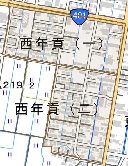 西年貢とその周辺の地図。町の範囲を重ねている