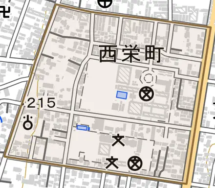 西栄町とその周辺の地図。町の範囲を重ねている