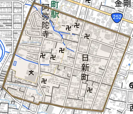 日新町とその周辺の地図。町の範囲を重ねている