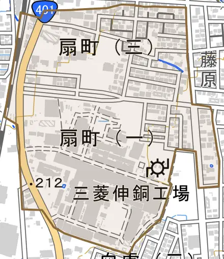 扇町とその周辺の地図。町の範囲を重ねている