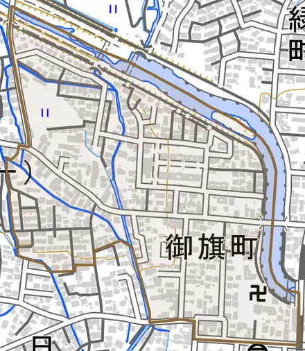 御旗町とその周辺の地図。町の範囲を重ねている