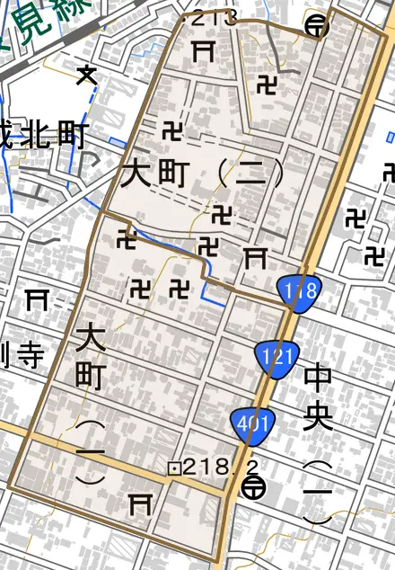 大町とその周辺の地図。町の範囲を重ねている