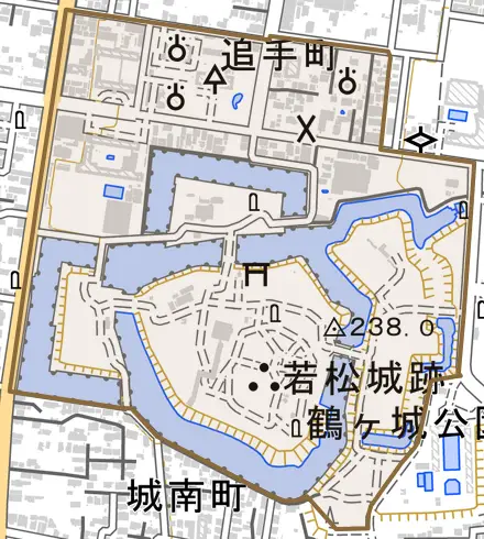 追手町とその周辺の地図。町の範囲を重ねている