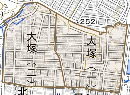 大塚とその周辺の地図。町の範囲を重ねている