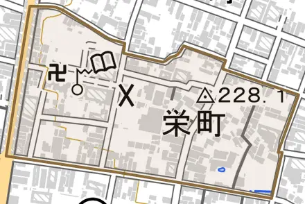 栄町とその周辺の地図。町の範囲を重ねている