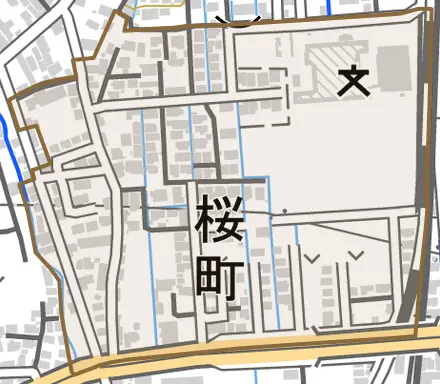 桜町とその周辺の地図。町の範囲を重ねている