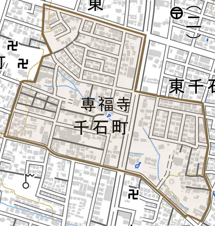 千石町とその周辺の地図。町の範囲を重ねている