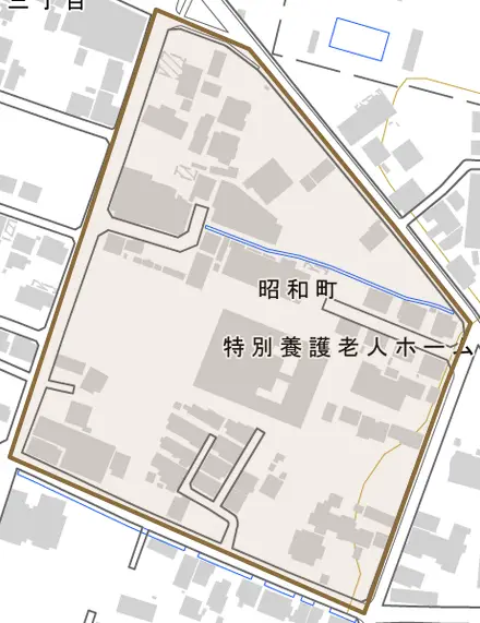 昭和町とその周辺の地図。町の範囲を重ねている