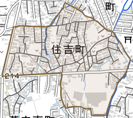 住吉町とその周辺の地図。町の範囲を重ねている