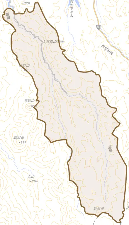 東山町大字湯川とその周辺の地図。町の範囲を重ねている