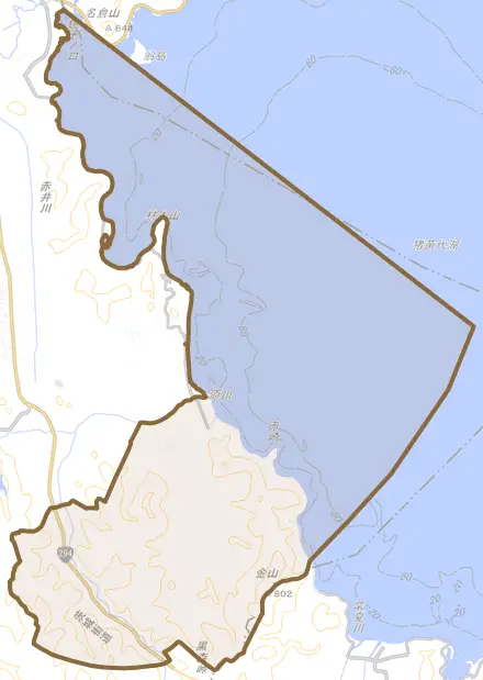 湊町大字平潟とその周辺の地図。町の範囲を重ねている