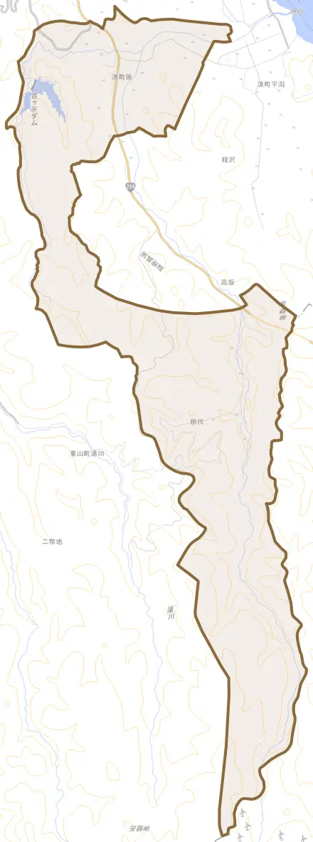 湊町大字原とその周辺の地図。町の範囲を重ねている