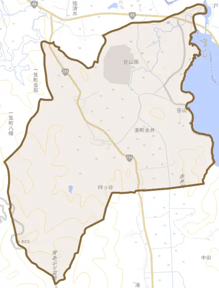 湊町大字赤井とその周辺の地図。町の範囲を重ねている