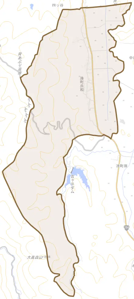 湊町大字共和とその周辺の地図。町の範囲を重ねている