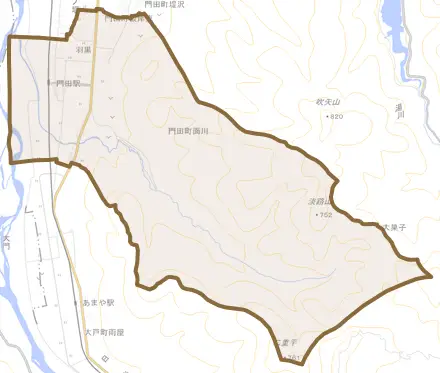 門田町大字面川とその周辺の地図。町の範囲を重ねている