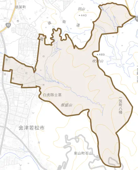 一箕町大字八幡とその周辺の地図。町の範囲を重ねている