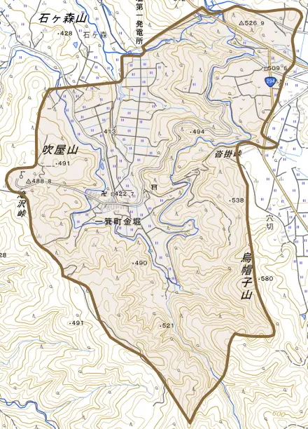 一箕町大字金堀とその周辺の地図。町の範囲を重ねている
