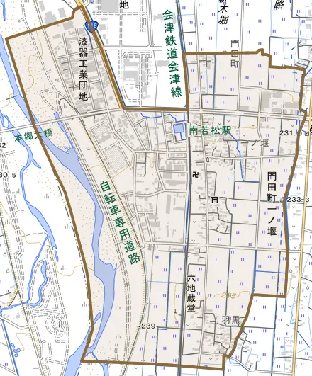 門田町大字一ノ堰とその周辺の地図。町の範囲を重ねている