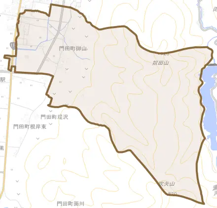 門田町大字御山とその周辺の地図。町の範囲を重ねている