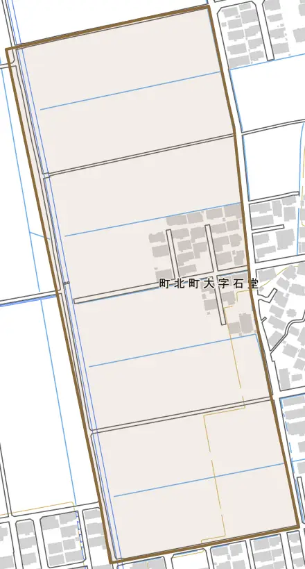 町北町大字石堂とその周辺の地図。町の範囲を重ねている
