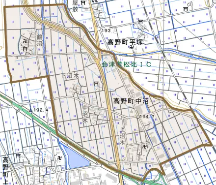 高野町大字中沼とその周辺の地図。町の範囲を重ねている
