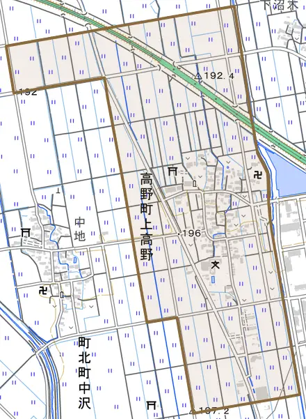 高野町大字上高野とその周辺の地図。町の範囲を重ねている